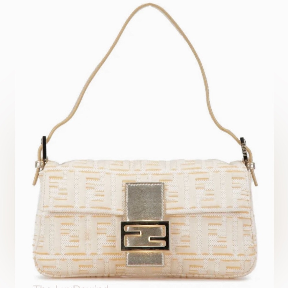 AUTH Rare FENDI ZUCCA BAGUETTE LIKE NEW! white gold Monogram Shoulder Bag COA ⭐️